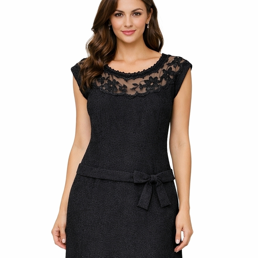 Drop Waist Black Lace Mesh Cocktail Dress 1920s Inspired Bow Detail